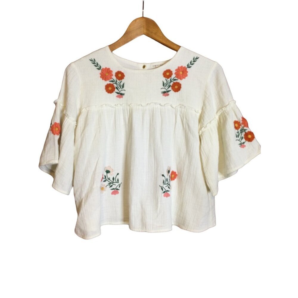 Hundred Pieces Women's Embroidered Floral Pleated Top Short Sleeve Beige Size XS